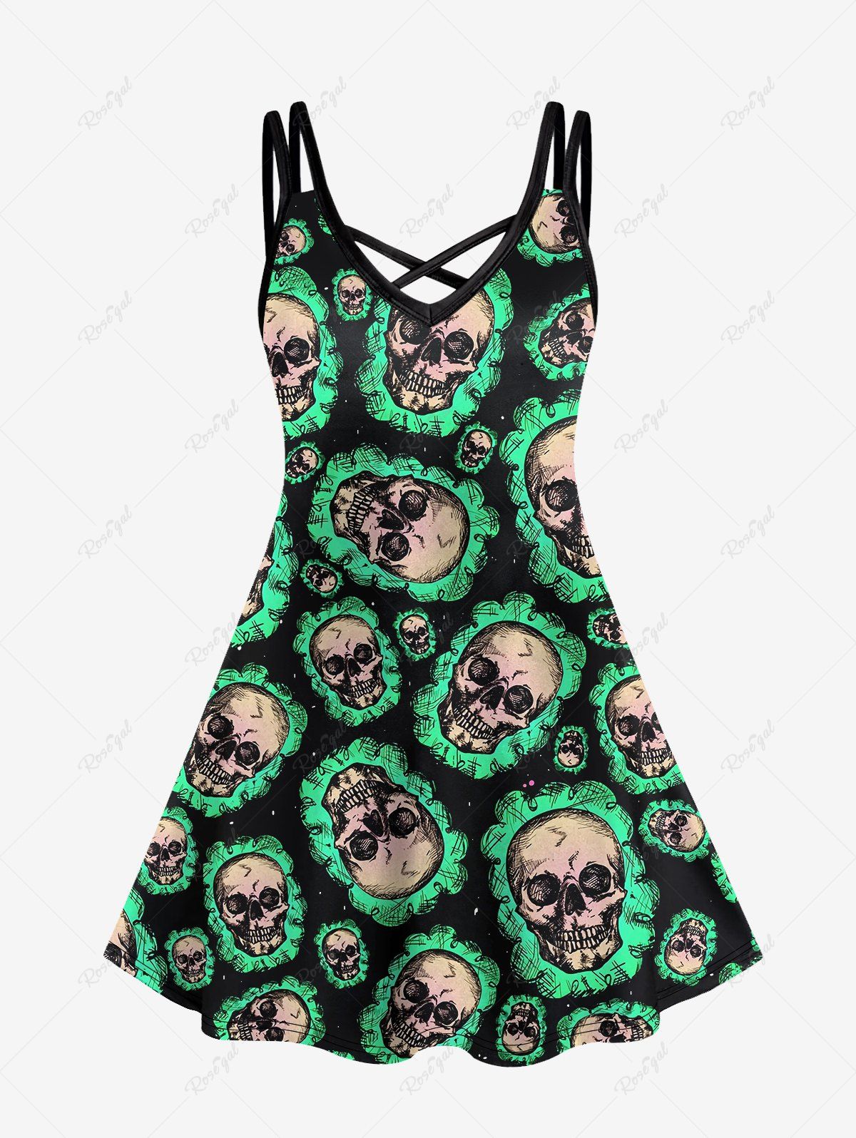 Sale Gothic Skull Print Crisscross Cami Dress  