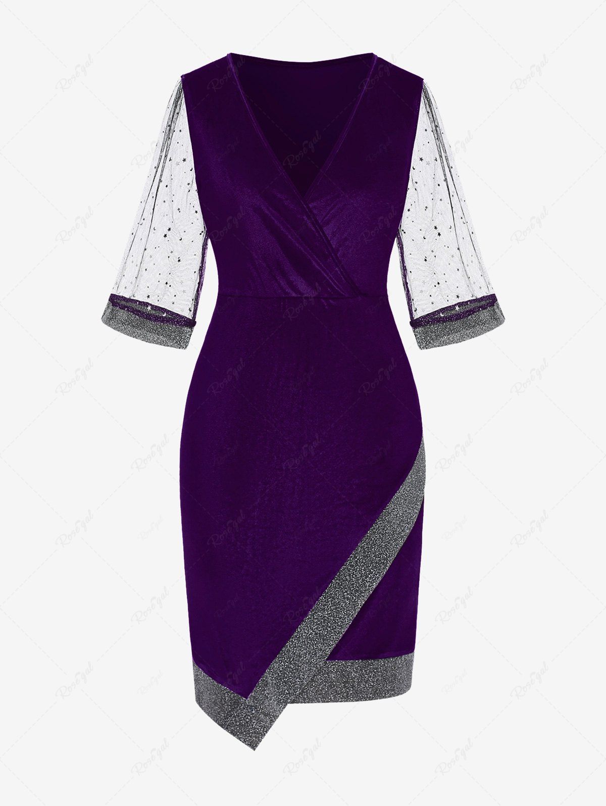 Best Plus Size Moon Star Sequin Mesh Sleeves Asymmetrical Surplice Dress  