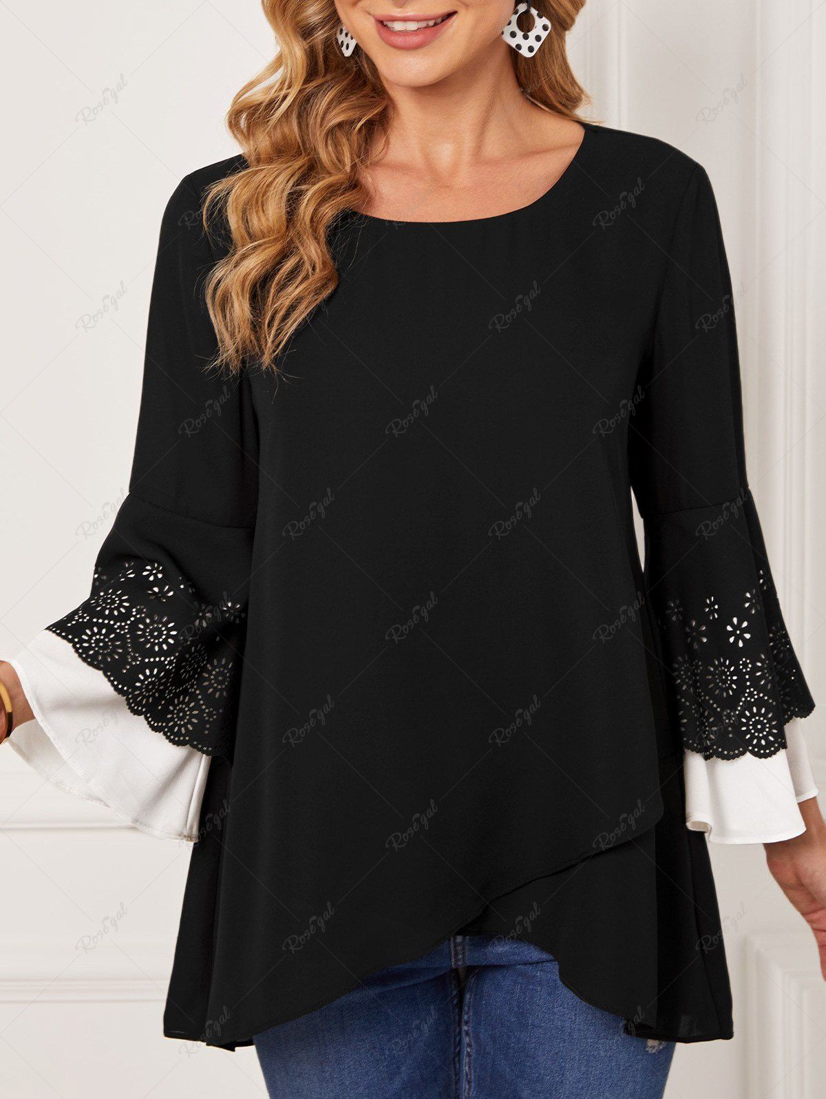 Affordable Plus Size Tulip Hem Hollow Out Layered Sleeves T-shirt  