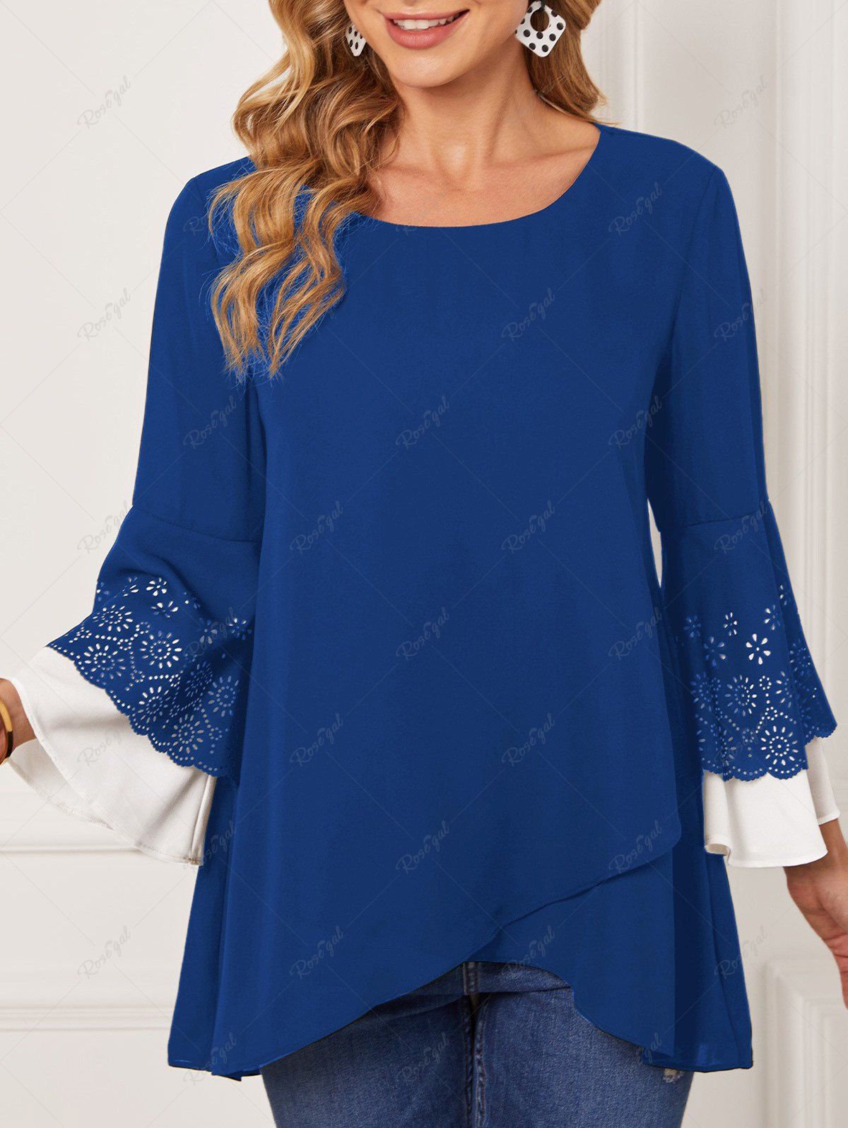 Plus Size Tulip Hem Hollow Out Layered Sleeves T-shirt Bleu XL