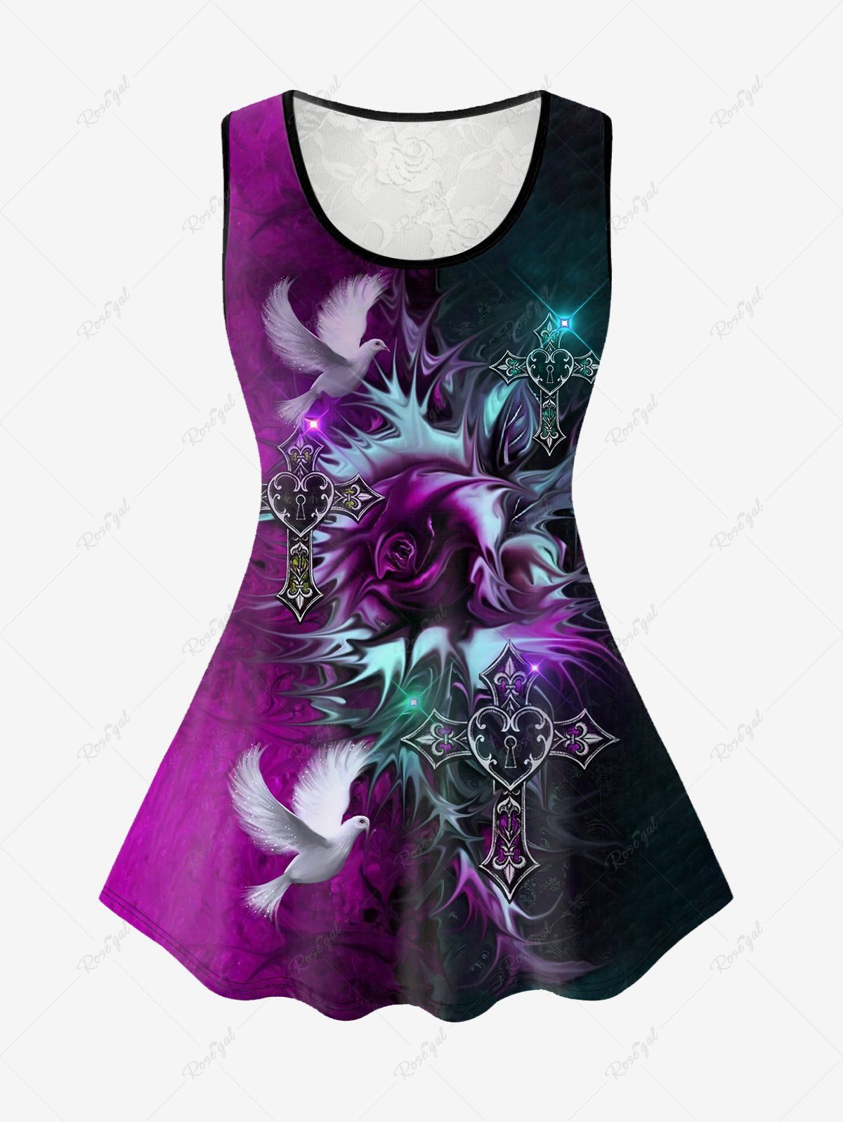 New Plus Size Lace Insert Flower Pigeon Cross Colorblock Print Tank Top  