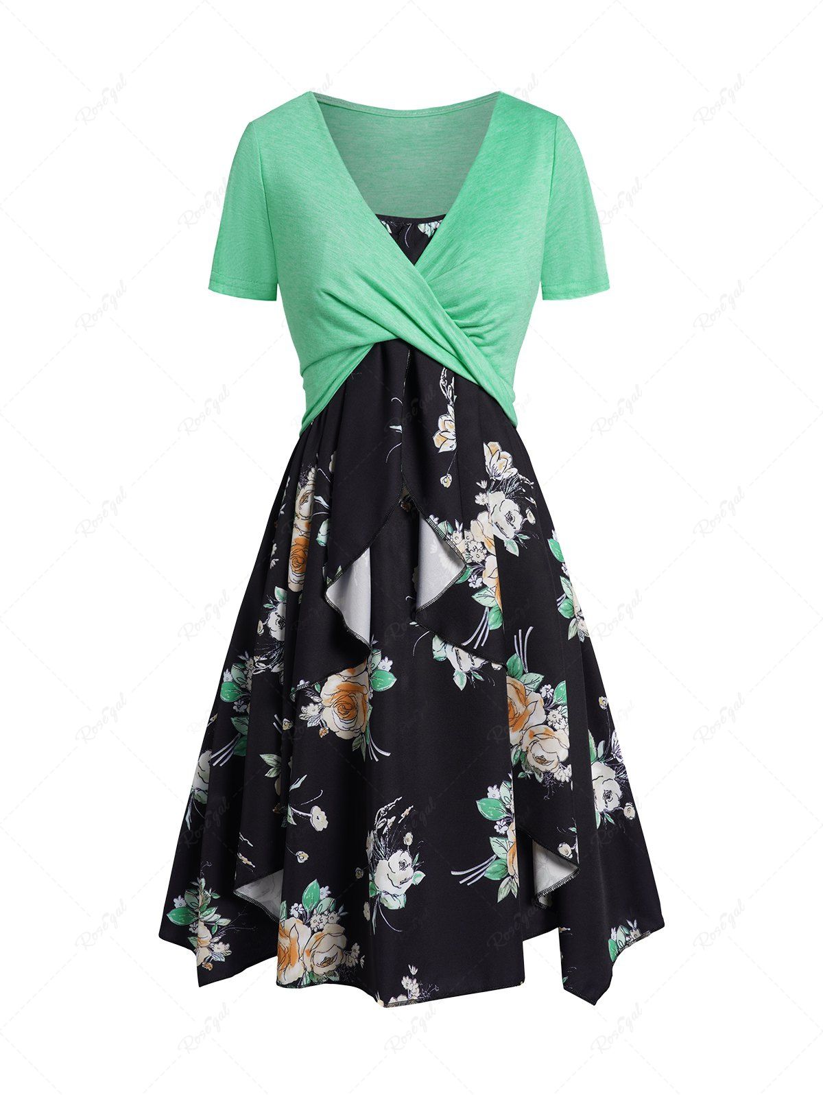 Best Crop Top and Flower Print Layered Spaghetti Strap Casual Mini Dress Two Piece Outfit  