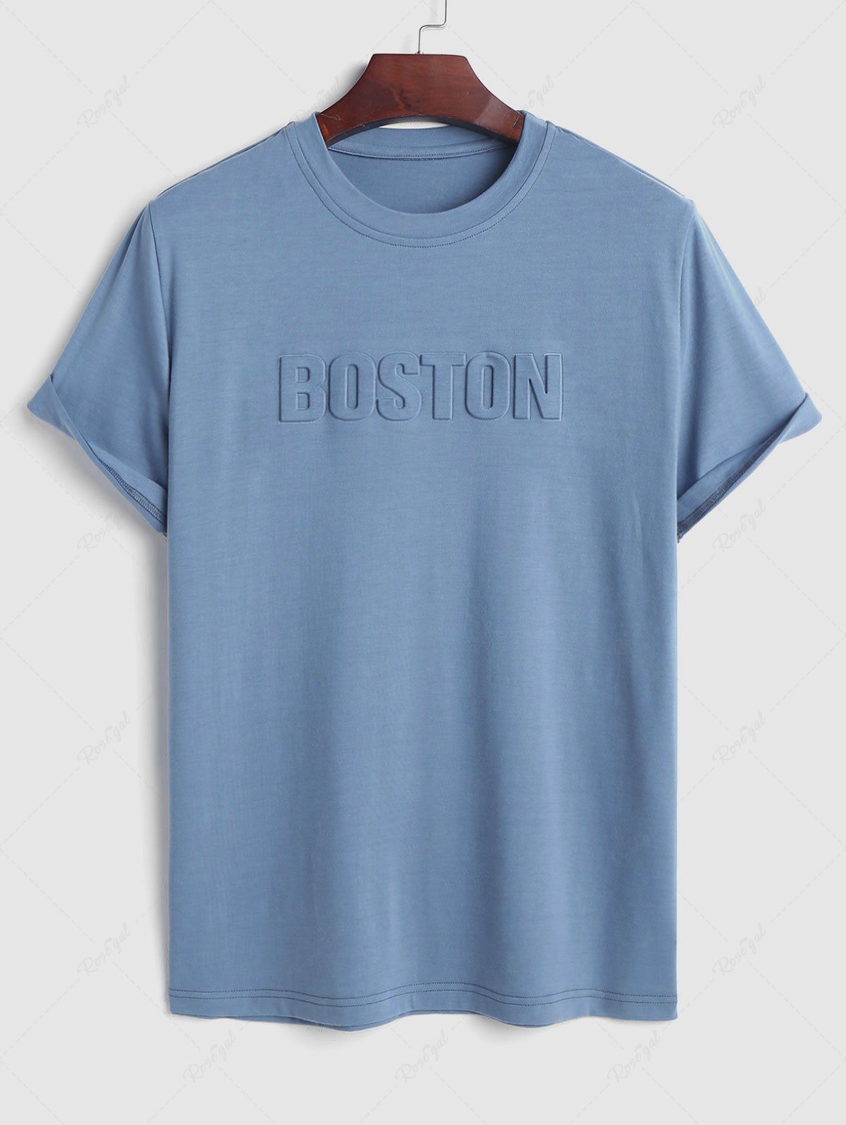 Buy Men's Basic BOSTON Letter Printed 3D Embossed Design Short Sleeves Round Neck T-shirt  