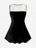 Plus Size Lace Insert Flower Pigeon Cross Colorblock Print Tank Top -  