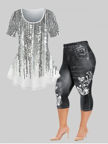 Sequins Printed Short Sleeves T-shirt and 3D Jeans Butterfly Flower Printed Leggings Plus Size Outfit