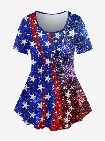 Plus Size Patriotic American Flag Sparkling Sequin Print T-shirt - DEEP BLUE - L