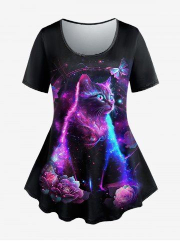 Plus Size Butterfly Cat Flower Print Glitter Short Sleeves T-shirt - BLACK - 2X
