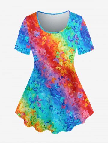 Plus Size Butterfly Colorblock Print Short Sleeves T-shirt - MULTI-A - 3X