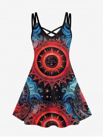 Gothic Sun Star Face  Print Crisscross Strappy Cami Dress