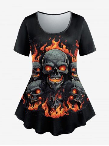 T-shirt Gothique Crâne en Feu Imprimé à Manches Courtes - BLACK - 6X