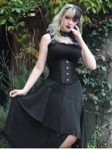 Gothic Buckles Lace Trim Asymmetric Flounce Sleeveless Midi Dress - BLACK - S | US 8