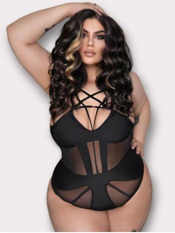 Gothic Mesh Panel Caged Cutout Strappy One-piece Swimsuit - BLACK - L | US 12