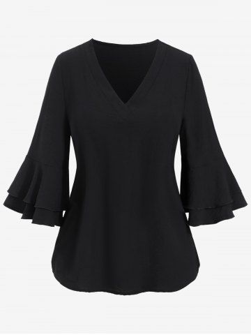 Plus Size Layered Bell Sleeves T-shirt - BLACK - L