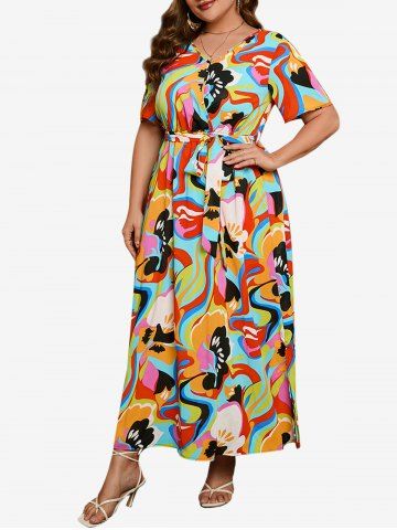 Plus Size Colorblock Figure Print Belted Dress