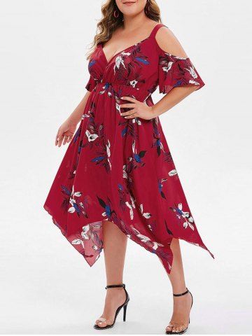 Plus Size Flower Print Surplice Cold Shoulder Asymmetrical Dress - DEEP RED - XL