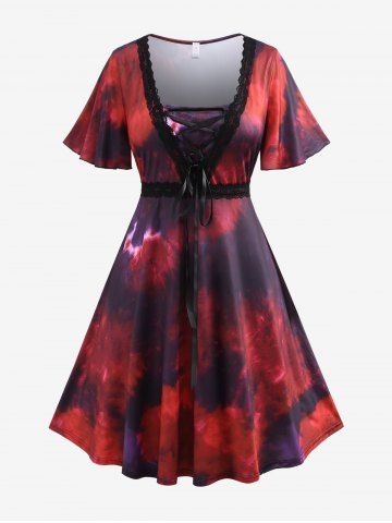 Plus Size Lace-up Lace Butterfly Sleeve Tie Dye Midi Dress - DEEP RED - L | US 12