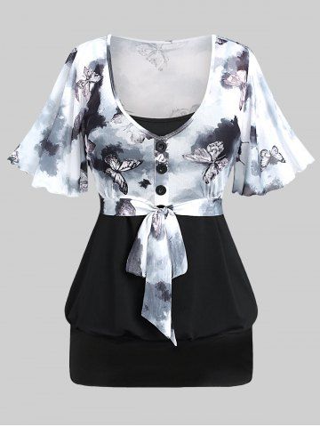 Plus Size Buckle Cami Top and Ink Painting Butterfly Print Tie Buttons T-shirt - BLACK - M | US 10