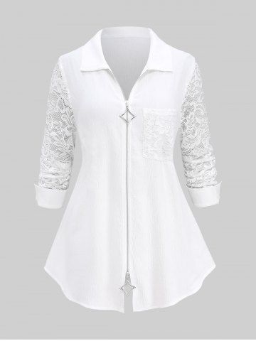 Plus Size Floral Lace Panel Square Zipper Solid Color Blouse - WHITE - 1X | US 14-16