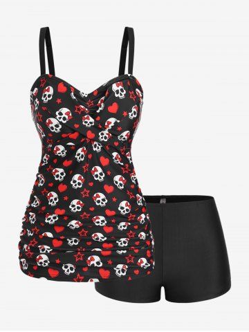 Plus Size Skull Bowknot Heart Stars Print Boyleg Tankini Swimsuit - BLACK - L | US 12