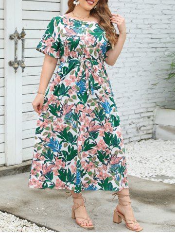 Plus Size Allover Leaves Floral and Tropical Print Belted Round Neck Vacation Dress - GREEN - XL