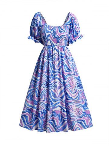 Robe Mi-Longue de Vacances Imprimée Epaule Dénudée à Manches Bouffantes à Volants - BLUE - M