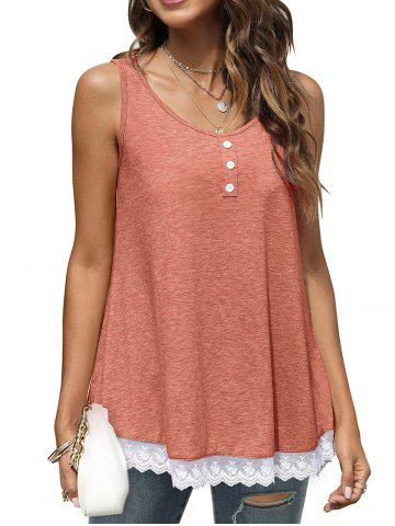 Mesh Panel Hem Heathered Mock Button Tank Top - ORANGE - M