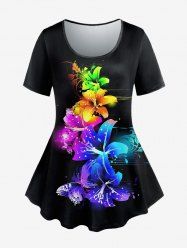T-shirt Fleur Brillante Imprimée de Grande Taille à Manches Courtes - Noir 6X