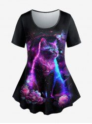 Plus Size Butterfly Cat Flower Print Glitter Short Sleeves T-shirt -  