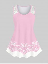 Plus Size Lace Insert Butterfly Flower Print Tank Top -  