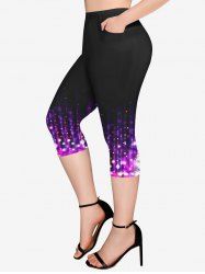 Plus Size Glitter Print Pockets Capri Leggings -  
