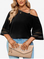 Plus Size Chain Sleeves Cold Shoulder Mesh Insert T-shirt -  