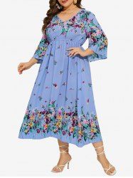 Plus Size Flower Leaf Print Chiffon Dress -  