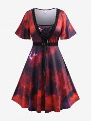 Plus Size Lace-up Lace Butterfly Sleeve Tie Dye Midi Dress -  