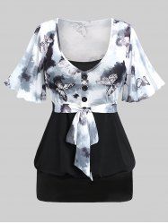 Plus Size Buckle Cami Top and Ink Painting Butterfly Print Tie Buttons T-shirt -  