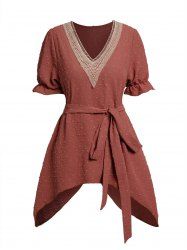 Contrast Lace Panel Swiss Dots V Neck Asymmetrical Hem Belted Long Blouse -  