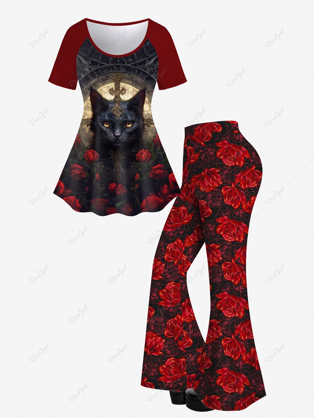 New Rose Cat Print Short Sleeves T-shirt And Flower Print Flare Pants Gothic Outfit  