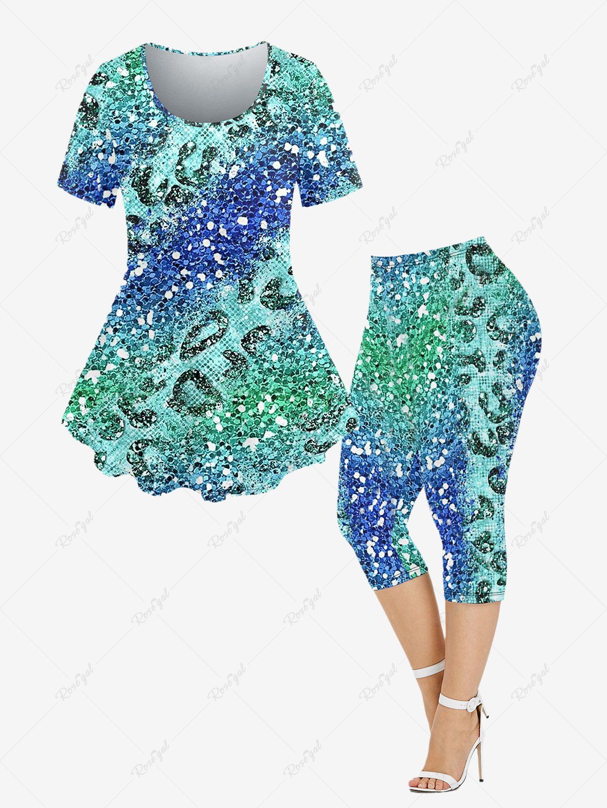 Outfit Plus Size Sparkling Sequin Printed Short Sleeves T-shirt and Leggings Outfit  