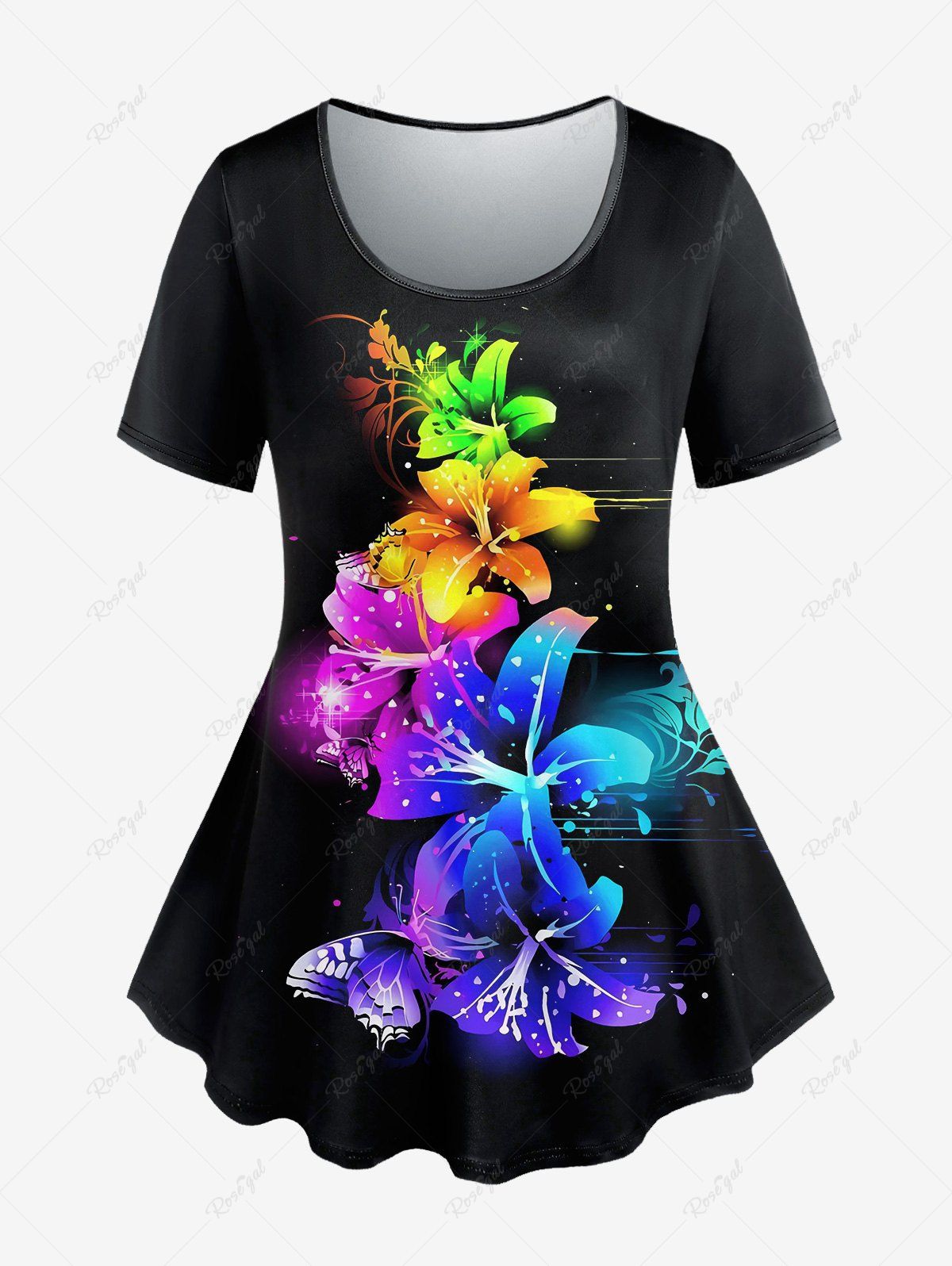 T-shirt Fleur Brillante Imprimée de Grande Taille à Manches Courtes Noir 6X