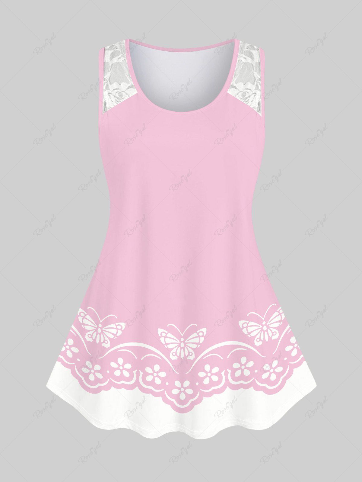 Discount Plus Size Lace Insert Butterfly Flower Print Tank Top  