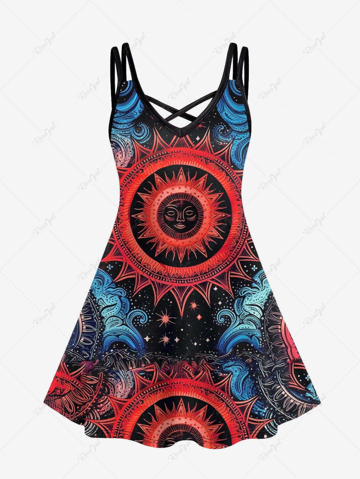 Store Gothic Sun Star Face Print Crisscross Strappy Cami Dress  