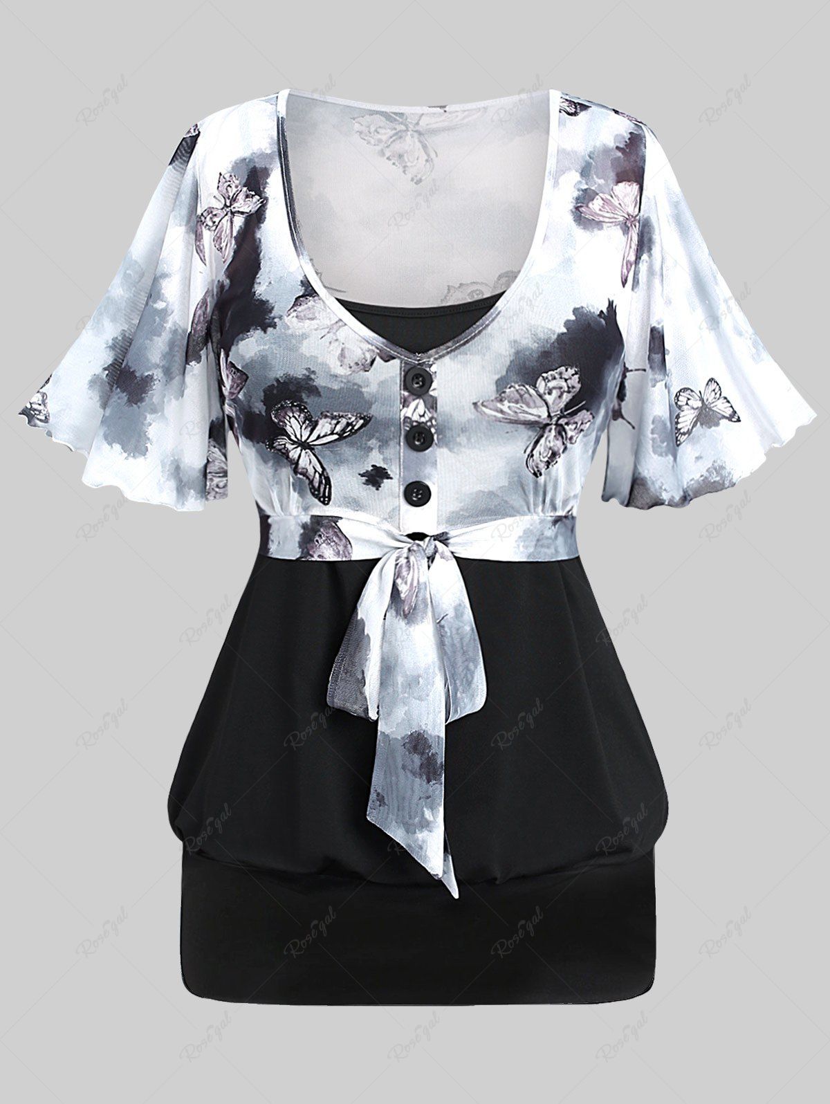 Trendy Plus Size Buckle Cami Top and Ink Painting Butterfly Print Tie Buttons T-shirt  