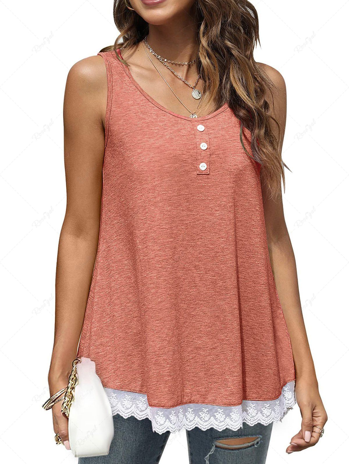 Shop Mesh Panel Hem Heathered Mock Button Tank Top  