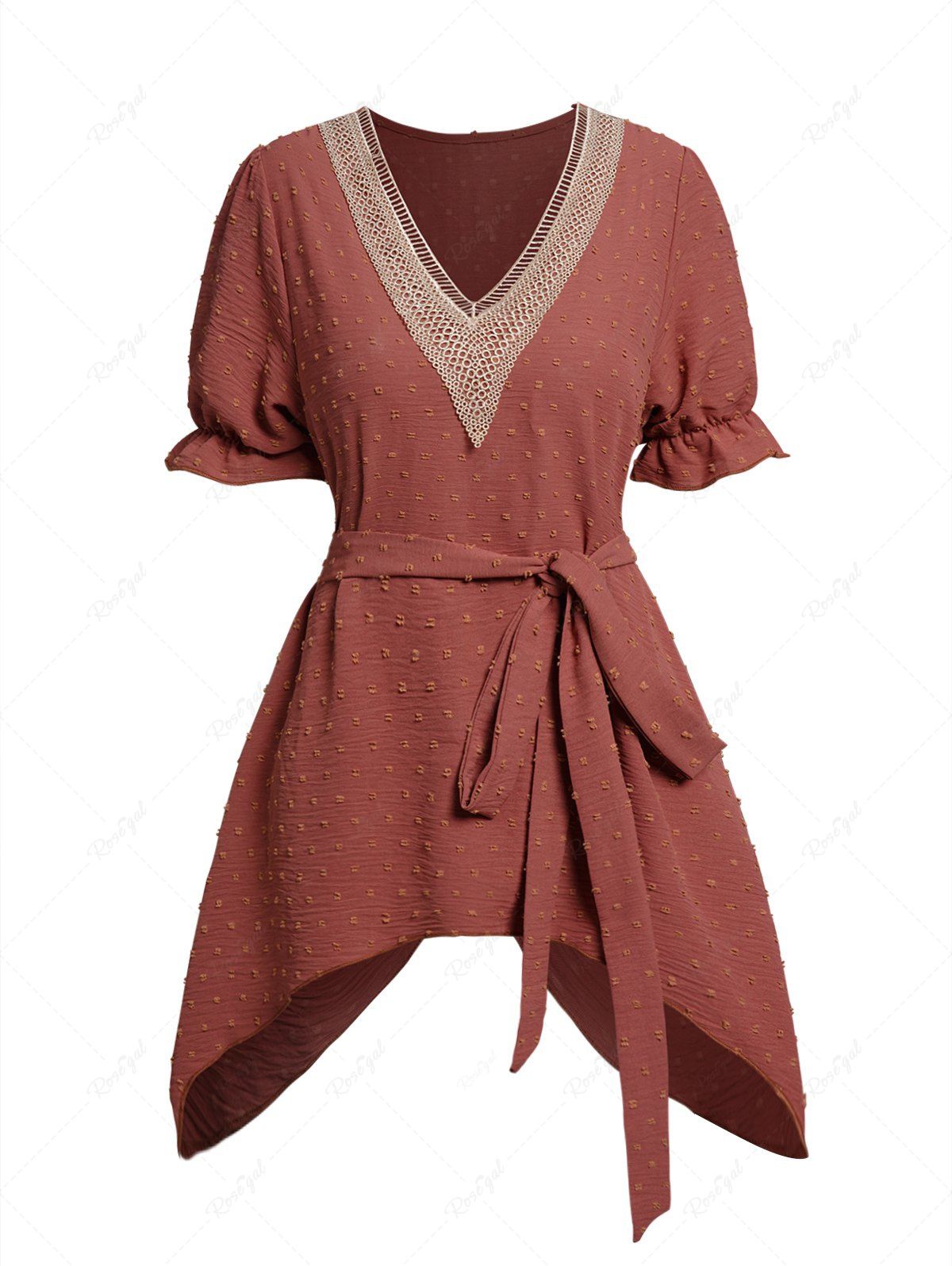 New Contrast Lace Panel Swiss Dots V Neck Asymmetrical Hem Belted Long Blouse  