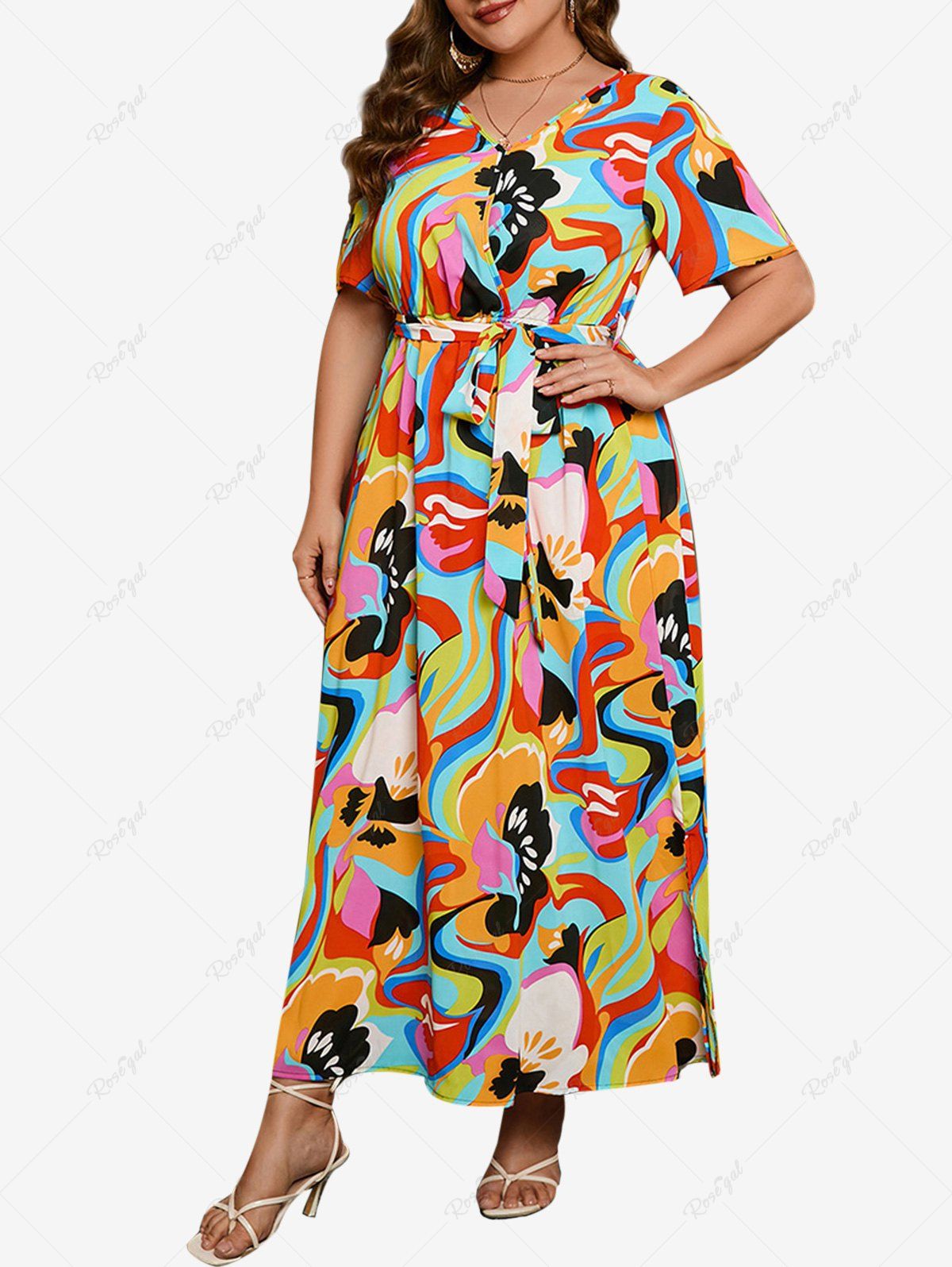 New Plus Size Colorblock Figure Print Belted Dress  