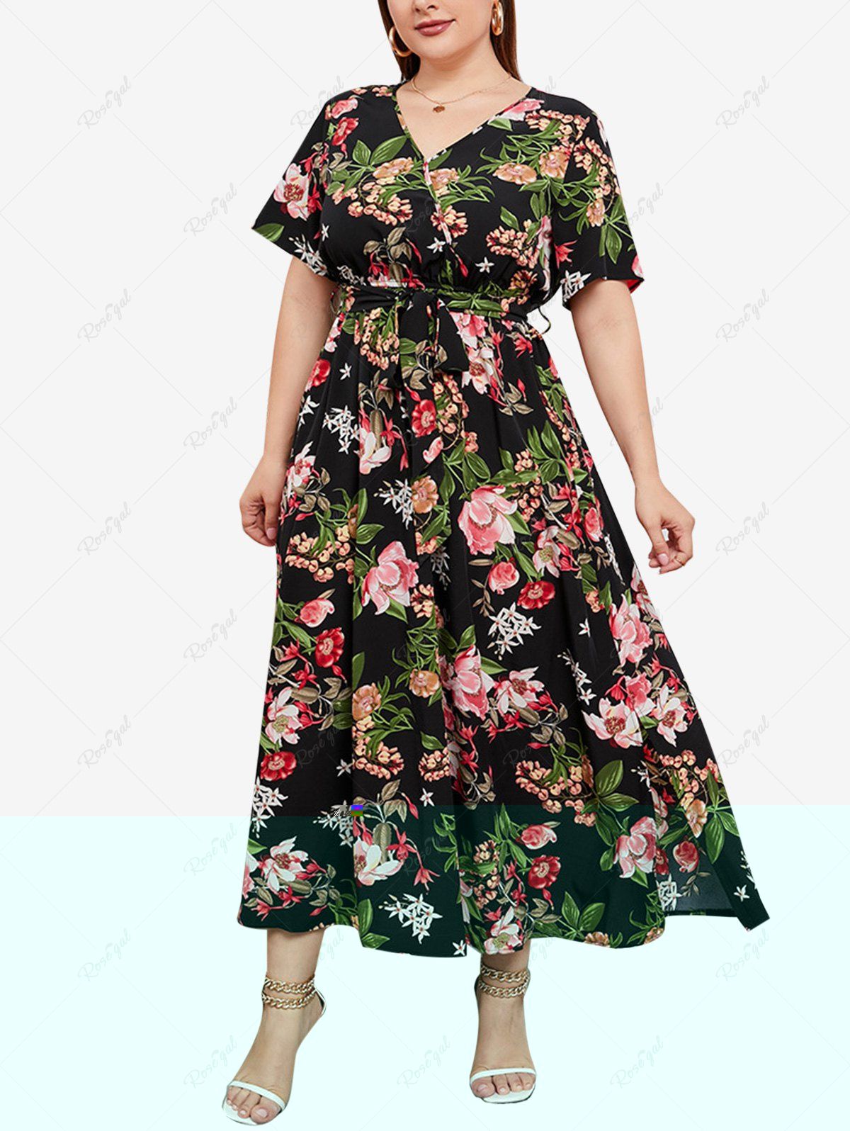 Discount Plus Size Flower Leaves Print Surplice Belted Dress  