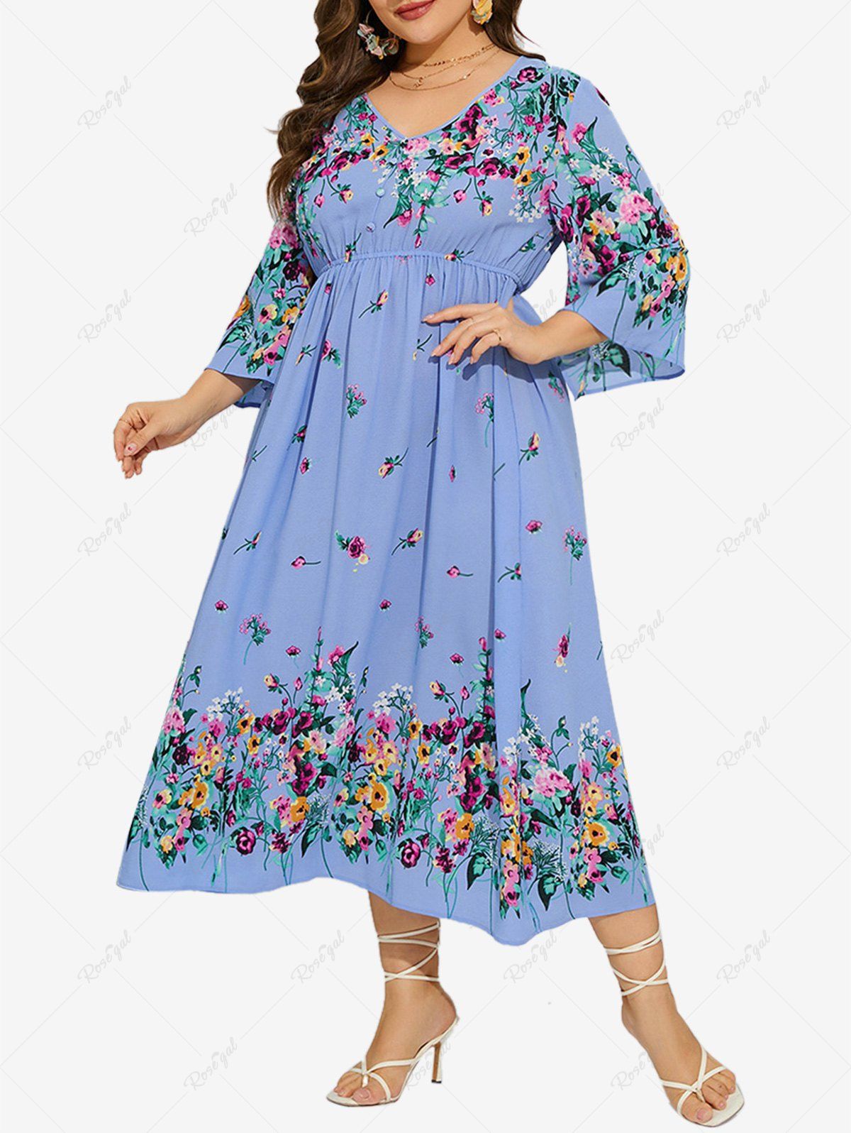 Shop Plus Size Flower Leaf Print Chiffon Dress  