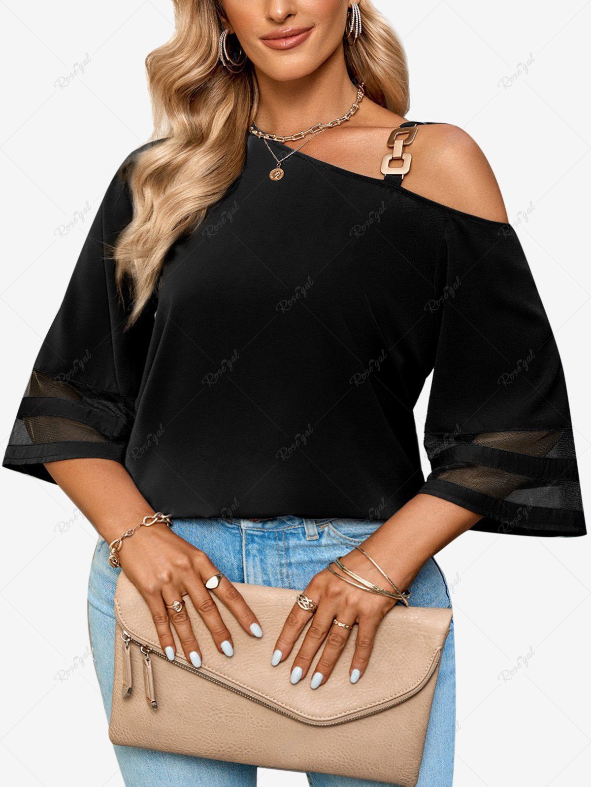 Chic Plus Size Chain Sleeves Cold Shoulder Mesh Insert T-shirt  