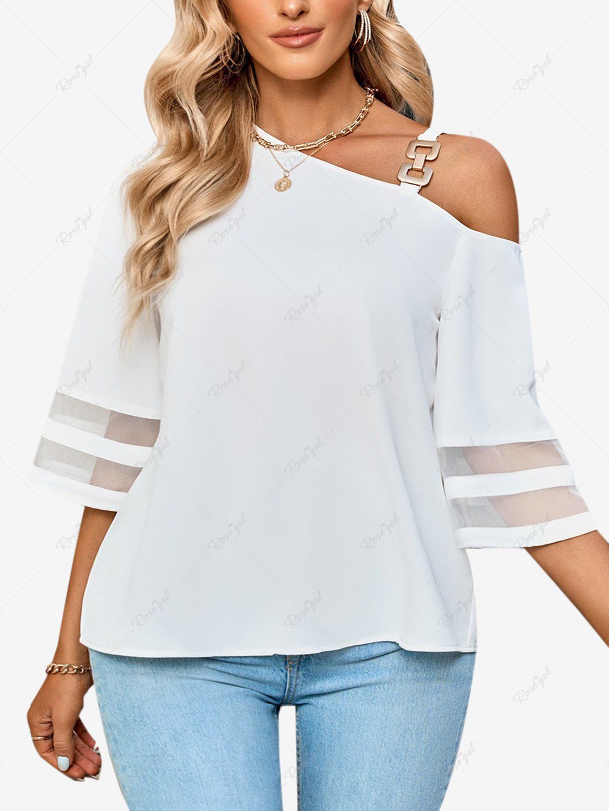 Fancy Plus Size Chain Sleeves Cold Shoulder Mesh Insert T-shirt  