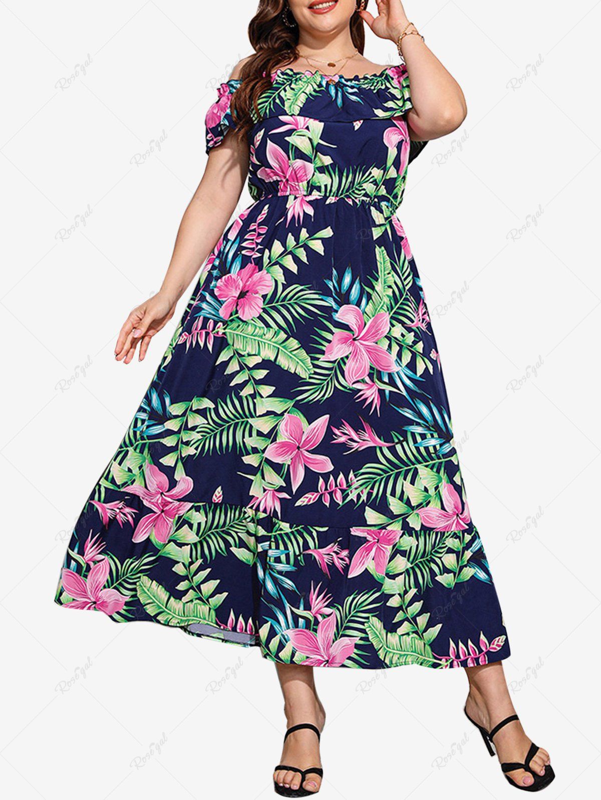 Affordable Plus Size Flower Leaves Print Off The Shoulder Dress  