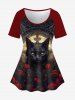 Rose Cat Print Short Sleeves T-shirt And Flower Print Flare Pants Gothic Outfit -  